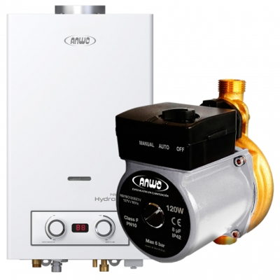 KIT CALEFÓN ANWO 8 L/M HITECH HYDRO 16 TIRO NATURAL NG + BOMBA PRESURIZADORA BBAPRESANWO-9/26